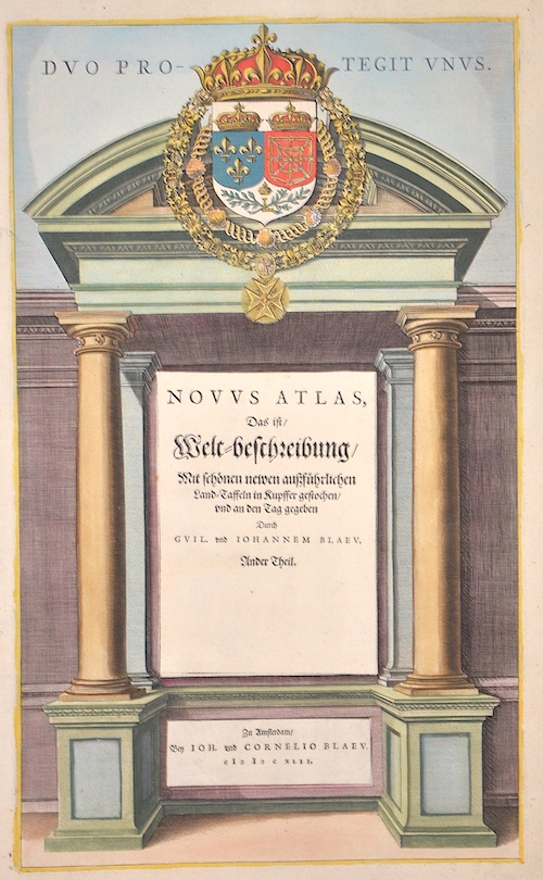 Duo Protegit unus. Novus Atlas, Das ist Welt-beschreibung Mit schönen newen ausführlichen Land-Taffeln in Kupffer gestochen und an den Tag gegeben.