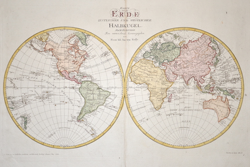 Karte der Erde, nach ihrer oestlich, westlich, noerdlich und südlichen Halbkugel, aus den zuverlässigsten u. neuesten Nachrichten entworfen 1803.