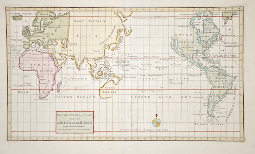 Nieuwe Wereld Kaart, waar in de Reizen van den Hr. Anson Rondsom de Wereld